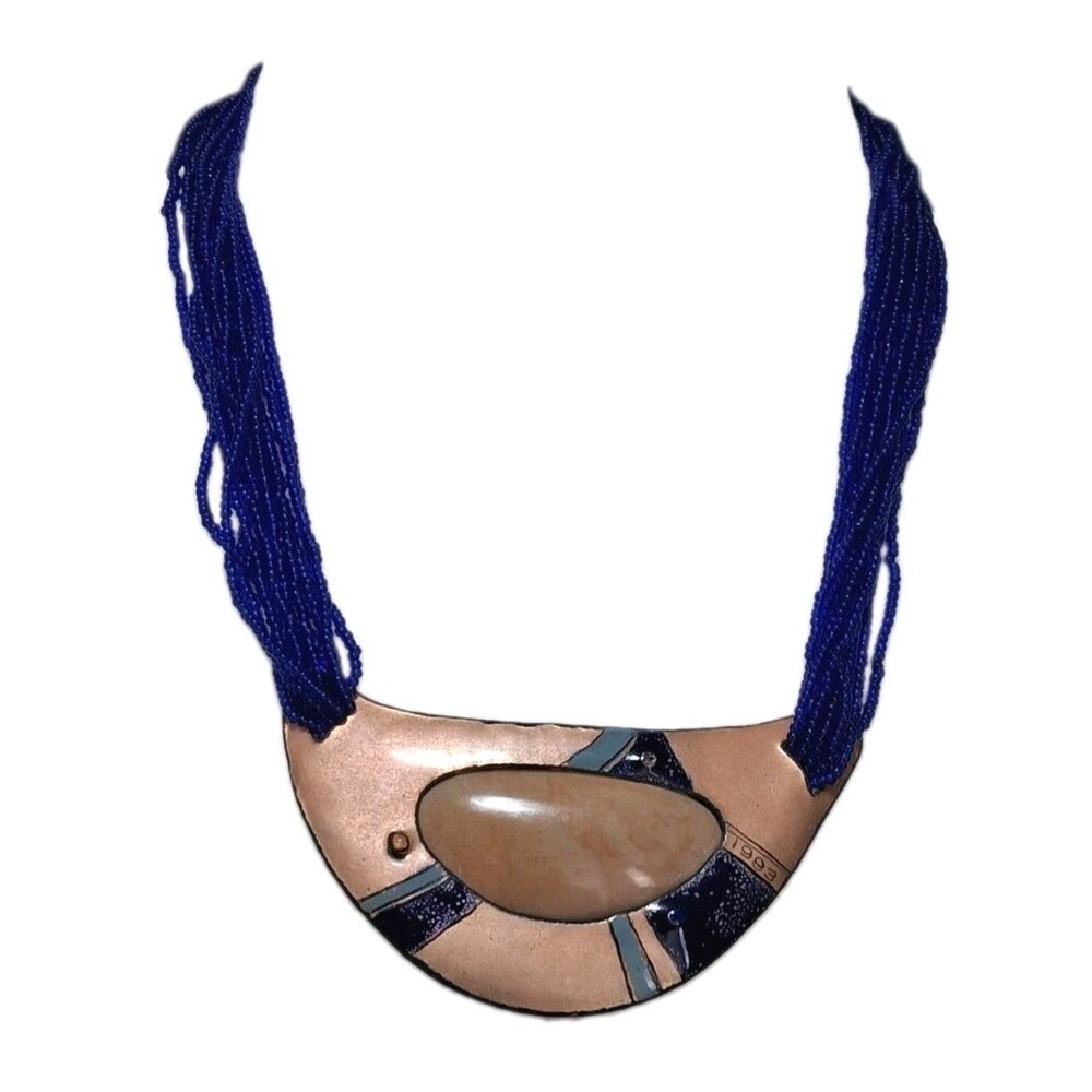 1993 Artisan Enamel Statement Necklace Cobalt Blue Seed Beads Large Stone